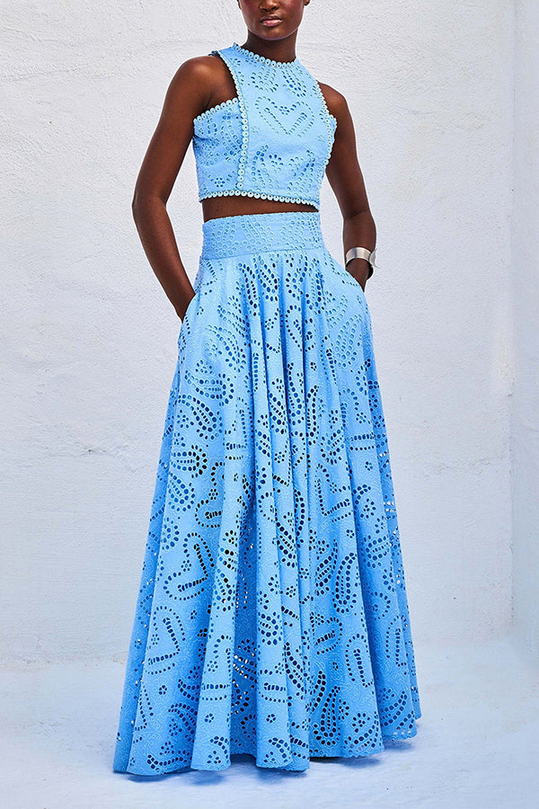 Two-Piece Set with Embroidery and High-Waisted Skirt with Pockets