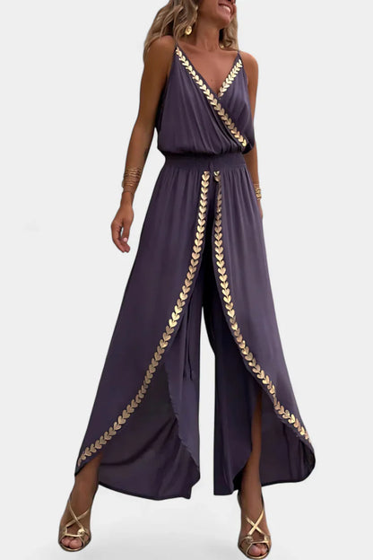 Donatila - One Piece Jumpsuit with Gold Details and Open Leg