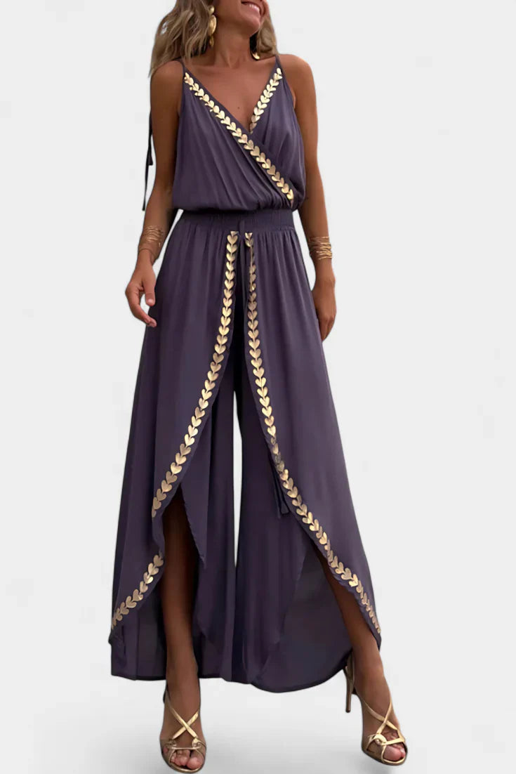 Donatila - One Piece Jumpsuit with Gold Details and Open Leg