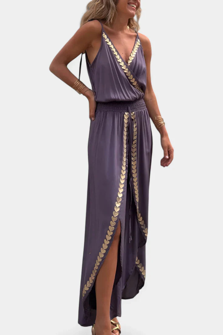 Donatila - One Piece Jumpsuit with Gold Details and Open Leg