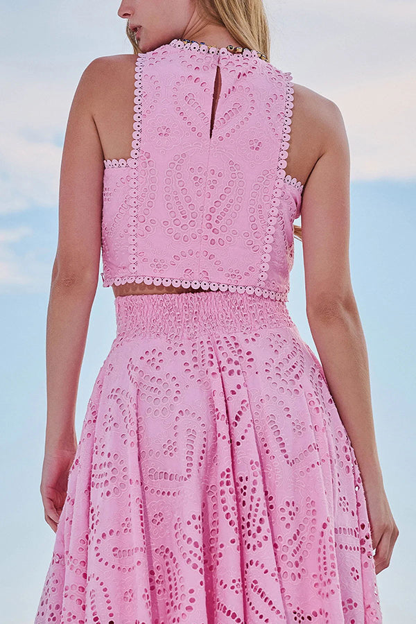 Two-Piece Set with Embroidery and High-Waisted Skirt with Pockets