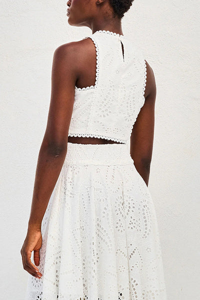 Two-Piece Set with Embroidery and High-Waisted Skirt with Pockets