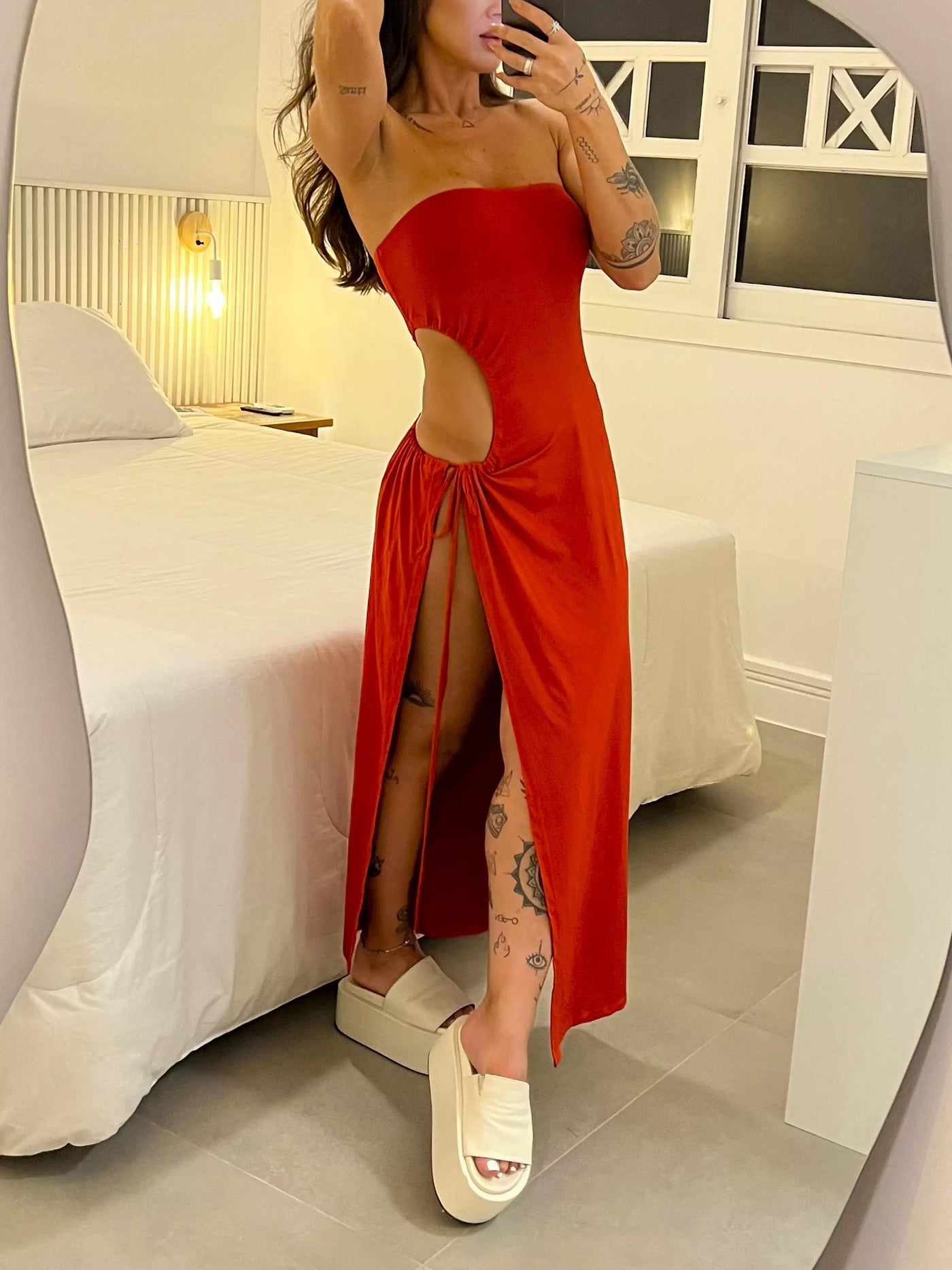 Jasmine - Bandeau Side Slit Tie Bodysuit Dress