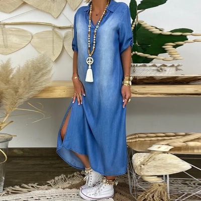Lea | Long dress in denim look with side slit