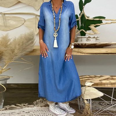 Lea | Long dress in denim look with side slit