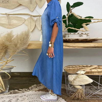 Lea | Long dress in denim look with side slit