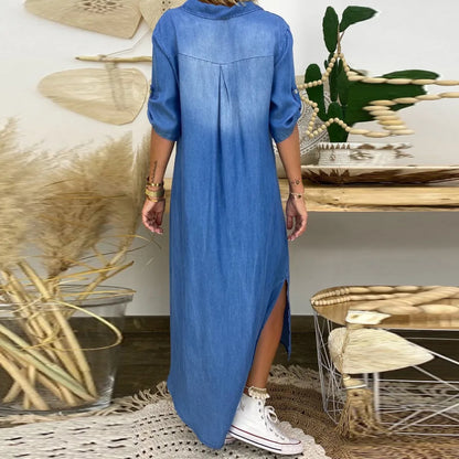 Lea | Long dress in denim look with side slit