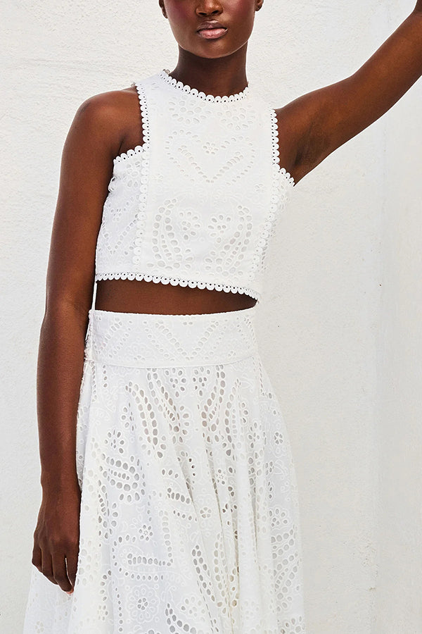 Two-Piece Set with Embroidery and High-Waisted Skirt with Pockets