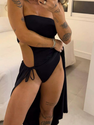 Jasmine - Bandeau Side Slit Tie Bodysuit Dress