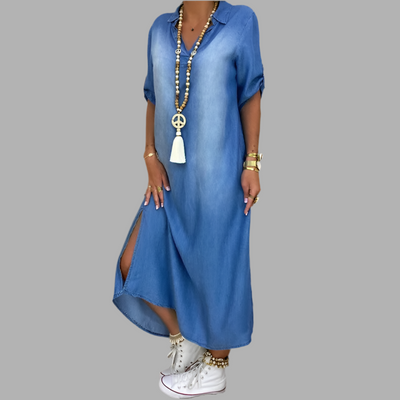 Lea | Long dress in denim look with side slit