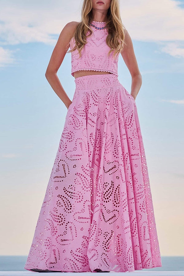 Two-Piece Set with Embroidery and High-Waisted Skirt with Pockets