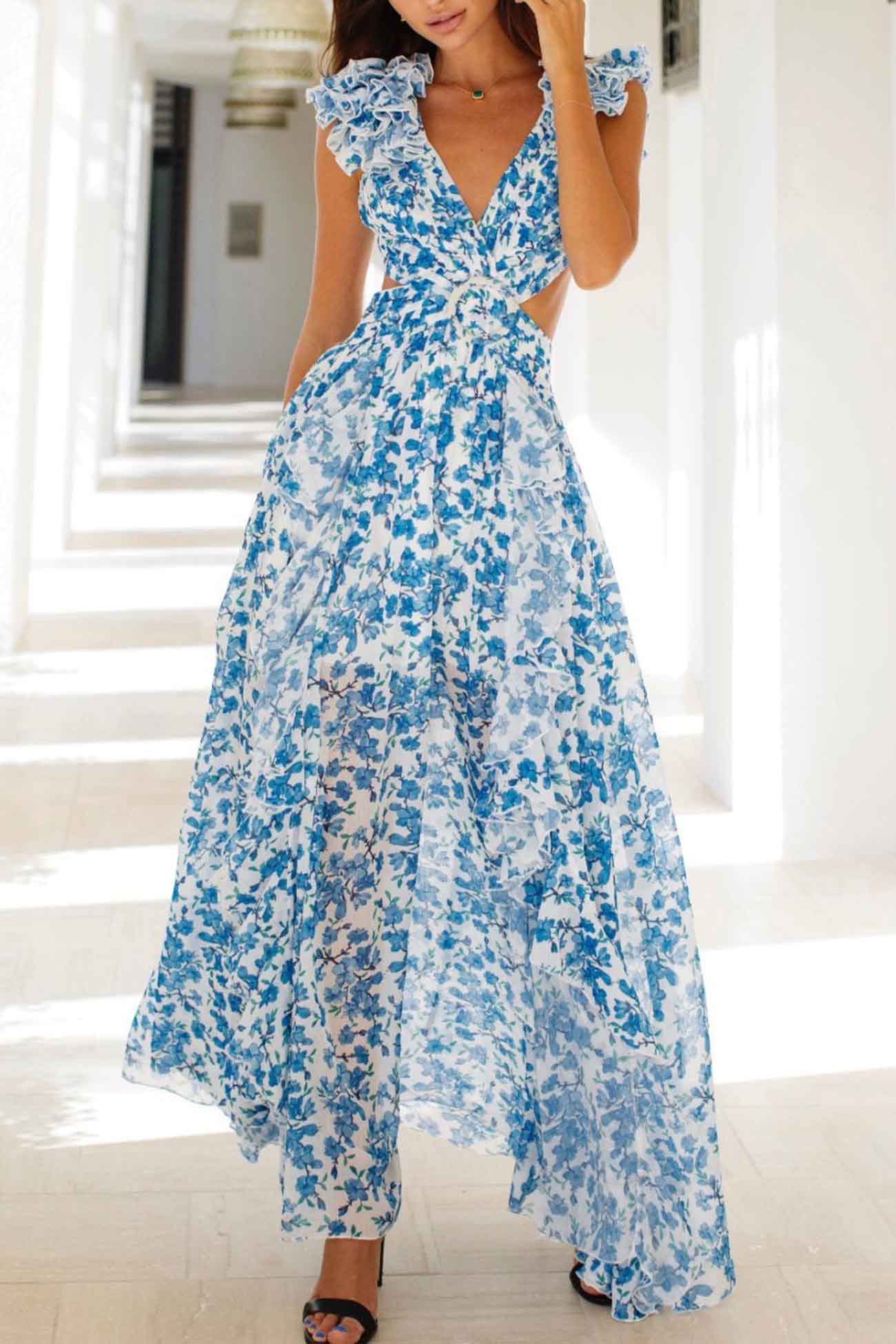 Isadora™ | Ruffle Sleeve Cut-Out Maxi Dress