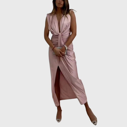 Classic midi dress with draped and gathered slit
