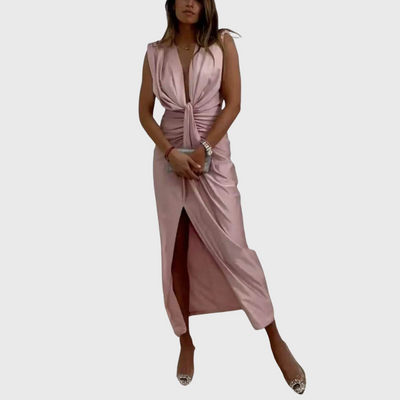Classic midi dress with draped and gathered slit