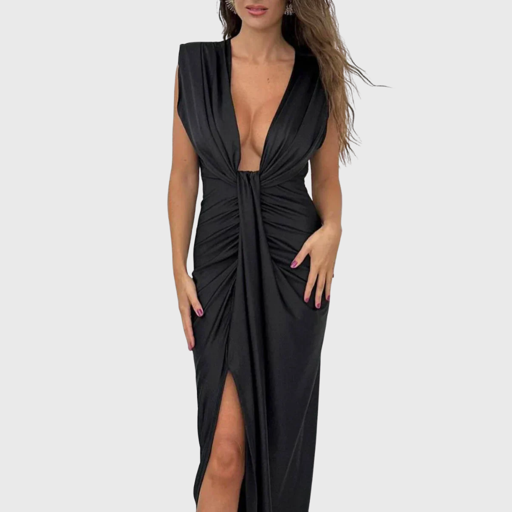 Classic midi dress with draped and gathered slit