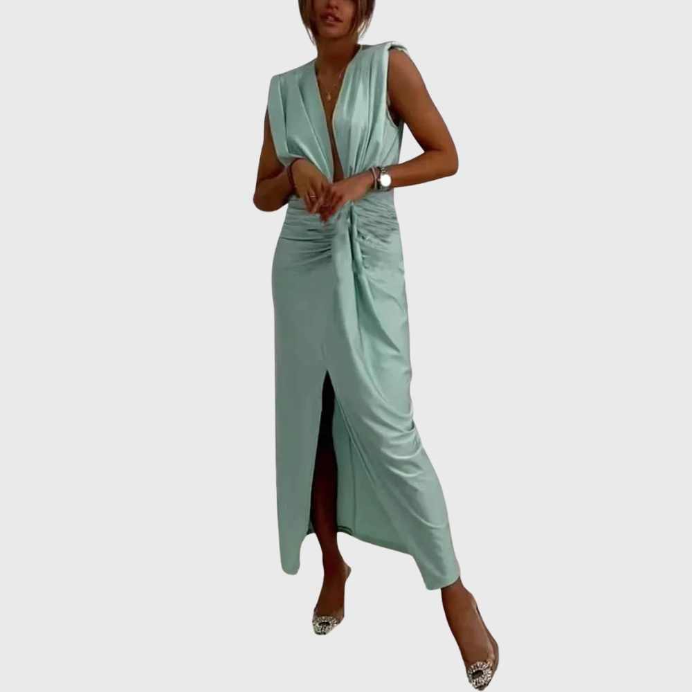 Classic midi dress with draped and gathered slit