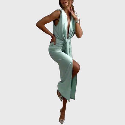 Classic midi dress with draped and gathered slit