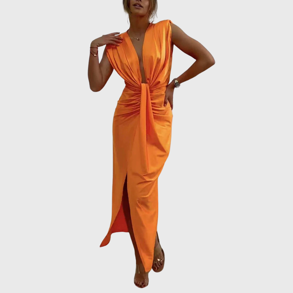 Classic midi dress with draped and gathered slit