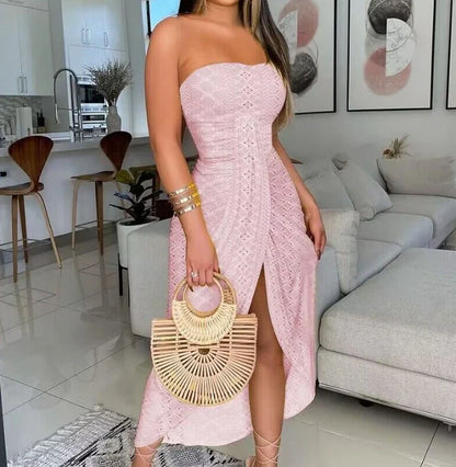 Lara - Strapless Midi Dress with Openwork Embroidery and Slit