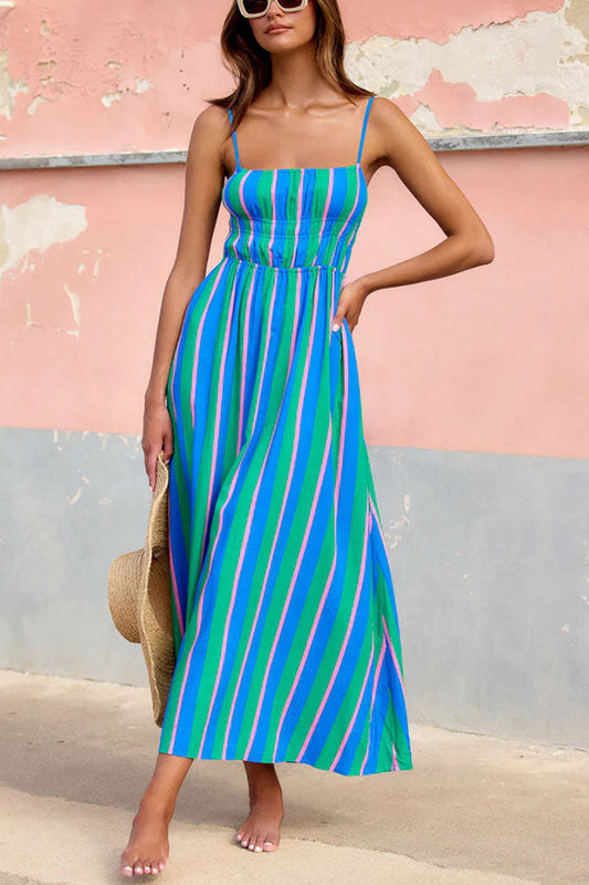 Gigi – Striped Midi Dress with Elasticated Bodice and Pockets