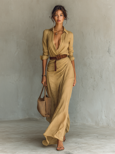 Long Maxi Dress with Lapel Collar and Belt Included