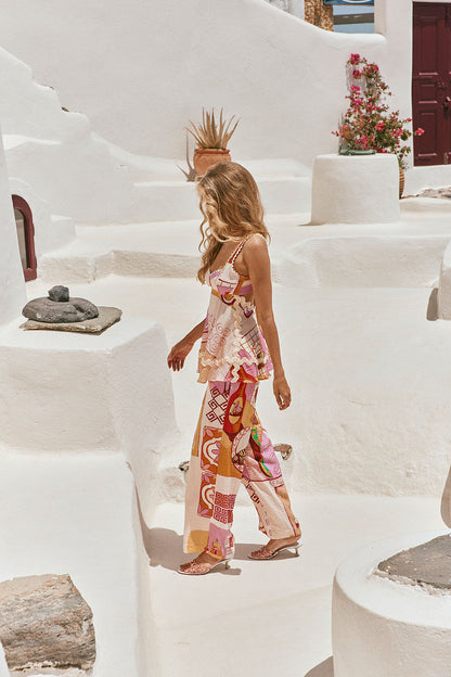 Carina –  Printed Set with Halter Top, Wave Hem and Wide Leg Pants with Elastic Waist