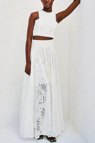 Two-Piece Set with Embroidery and High-Waisted Skirt with Pockets