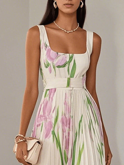 Nina - Stylish Floral Pleated Long Dress
