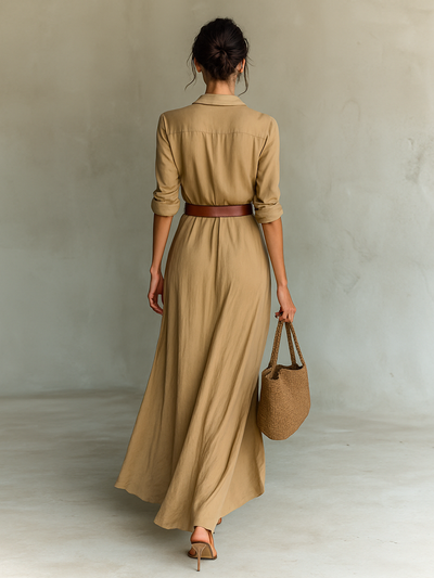 Long Maxi Dress with Lapel Collar and Belt Included