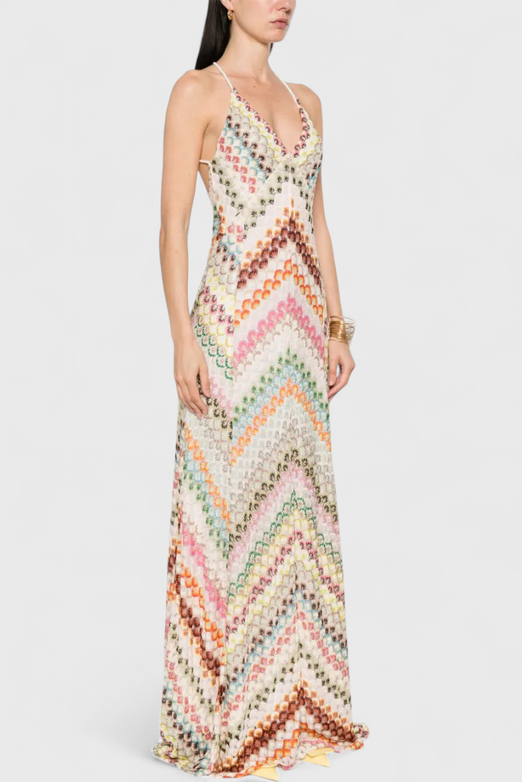 Agustina - Long Lace Dress with V-Neckline and Zigzag Motif
