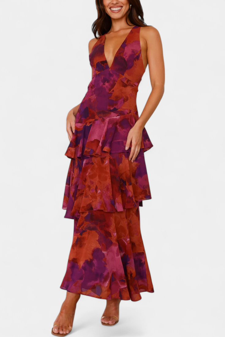 Domenica - Chiffon Dress with V-Neckline and Flowing Layers