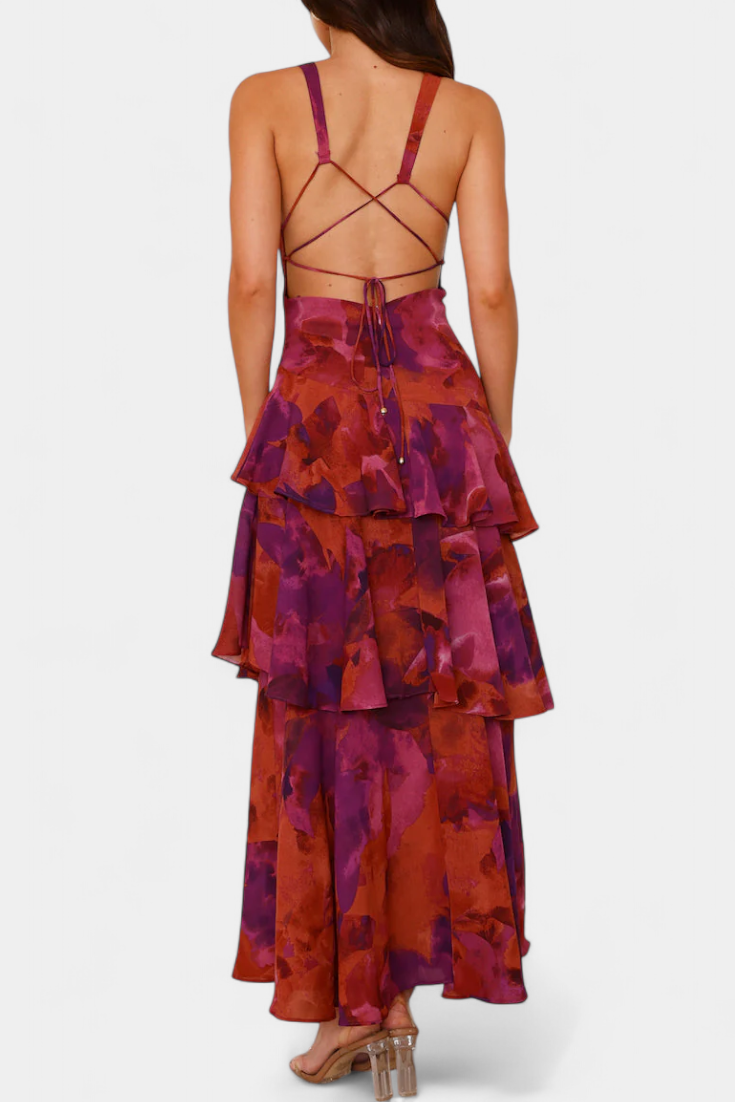 Domenica - Chiffon Dress with V-Neckline and Flowing Layers