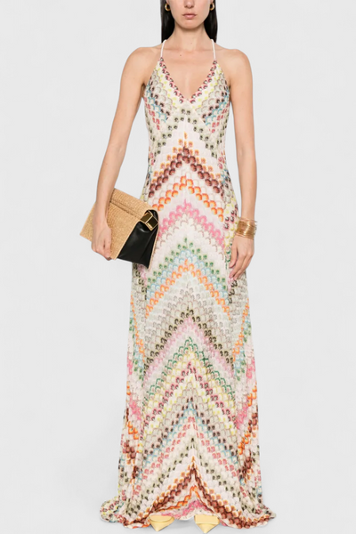 Agustina - Long Lace Dress with V-Neckline and Zigzag Motif
