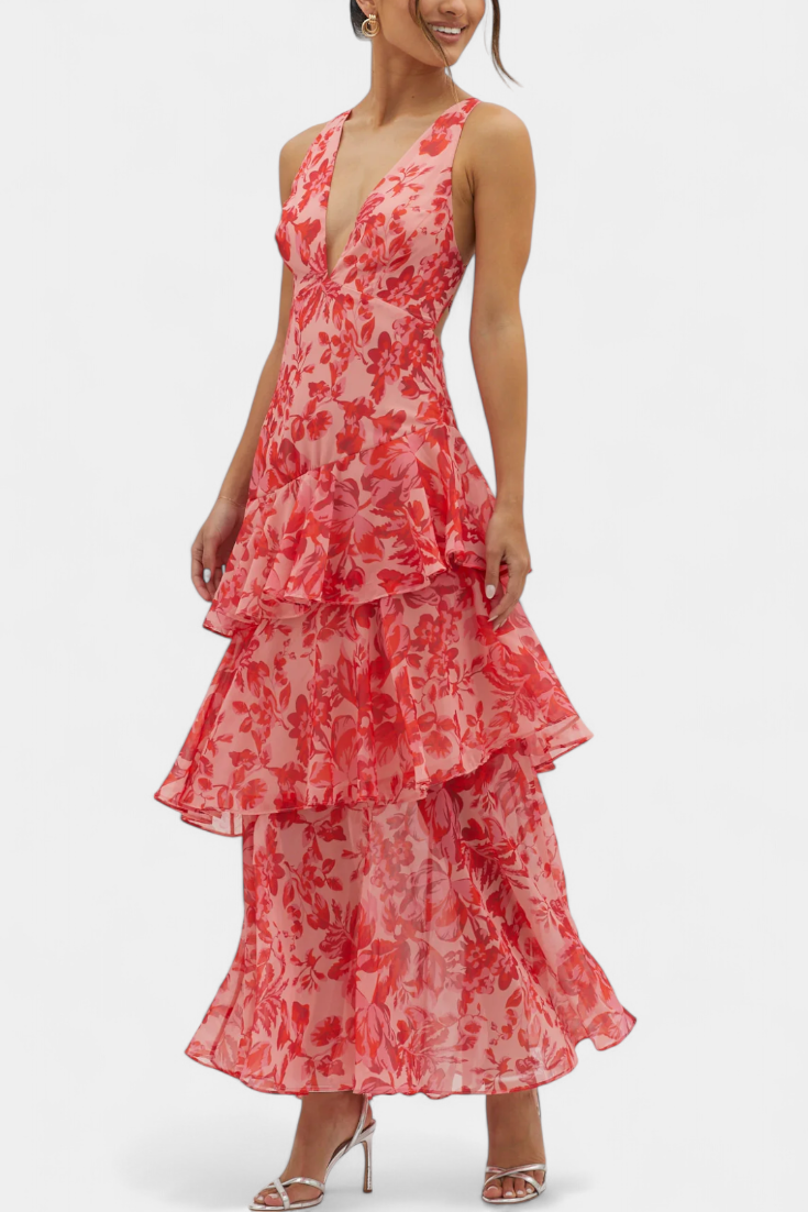 Domenica - Chiffon Dress with V-Neckline and Flowing Layers