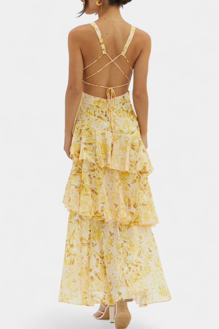 Domenica - Chiffon Dress with V-Neckline and Flowing Layers