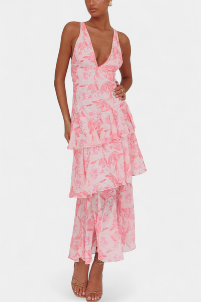 Domenica - Chiffon Dress with V-Neckline and Flowing Layers