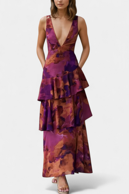 Domenica - Chiffon Dress with V-Neckline and Flowing Layers