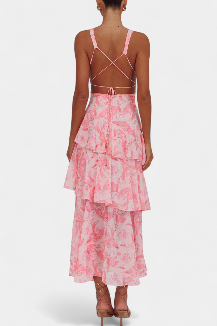 Domenica - Chiffon Dress with V-Neckline and Flowing Layers