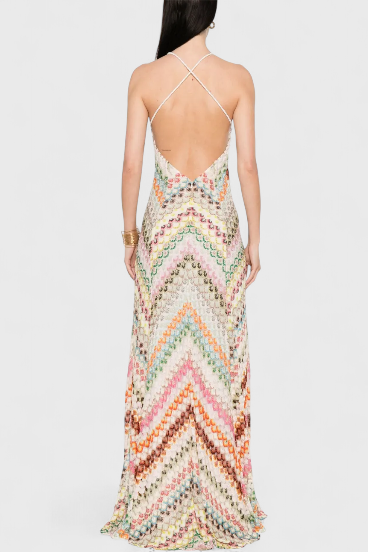 Agustina - Long Lace Dress with V-Neckline and Zigzag Motif