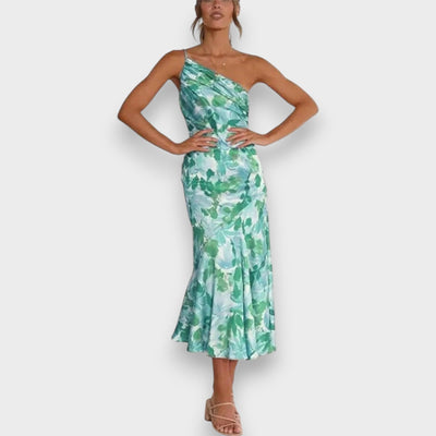 Pink Floral One Shoulder Ruched Satin Dress