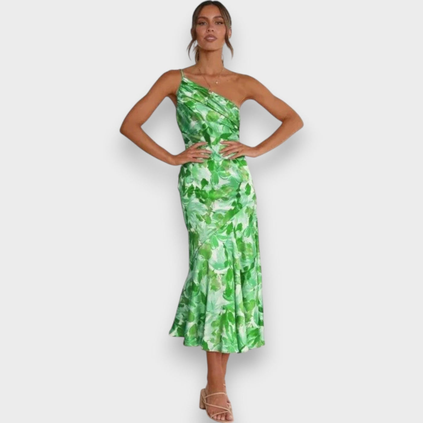 Pink Floral One Shoulder Ruched Satin Dress