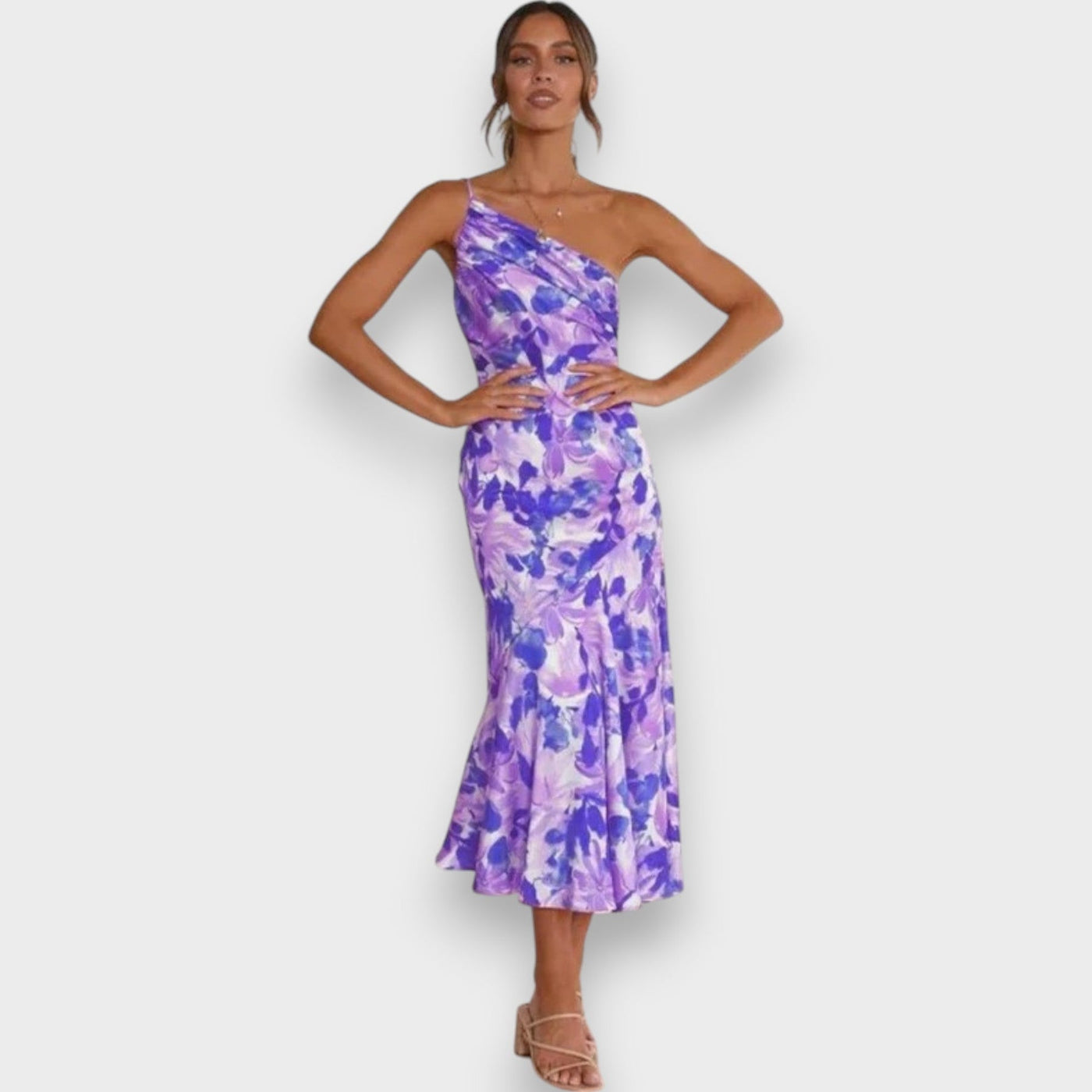 Pink Floral One Shoulder Ruched Satin Dress