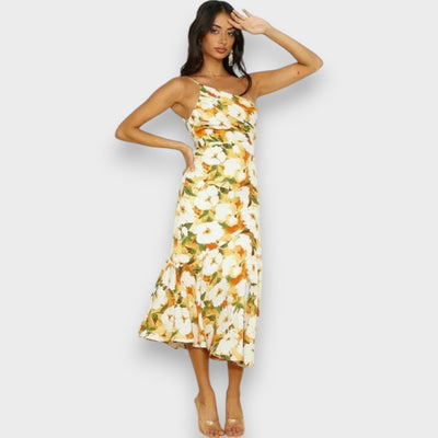Pink Floral One Shoulder Ruched Satin Dress