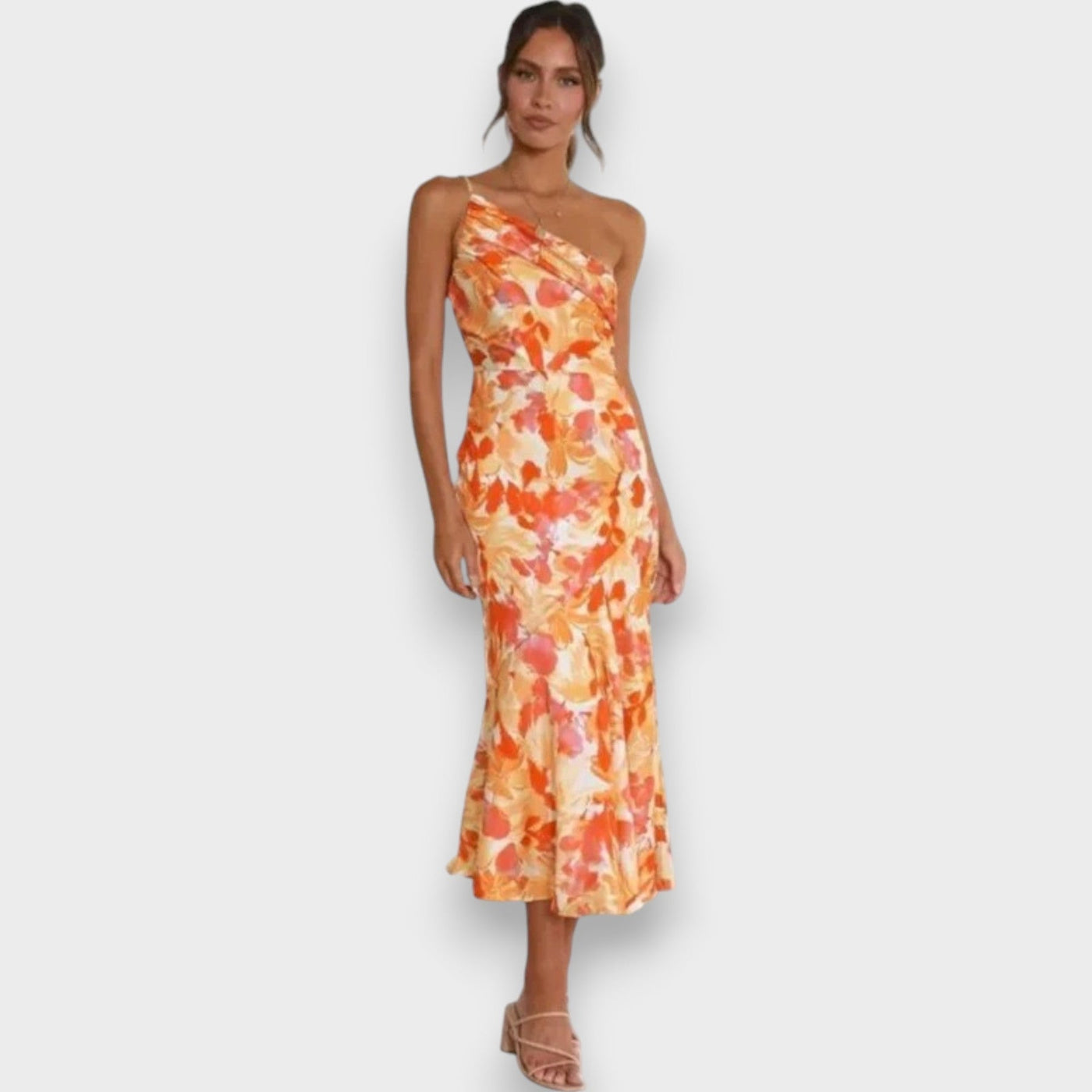 Pink Floral One Shoulder Ruched Satin Dress